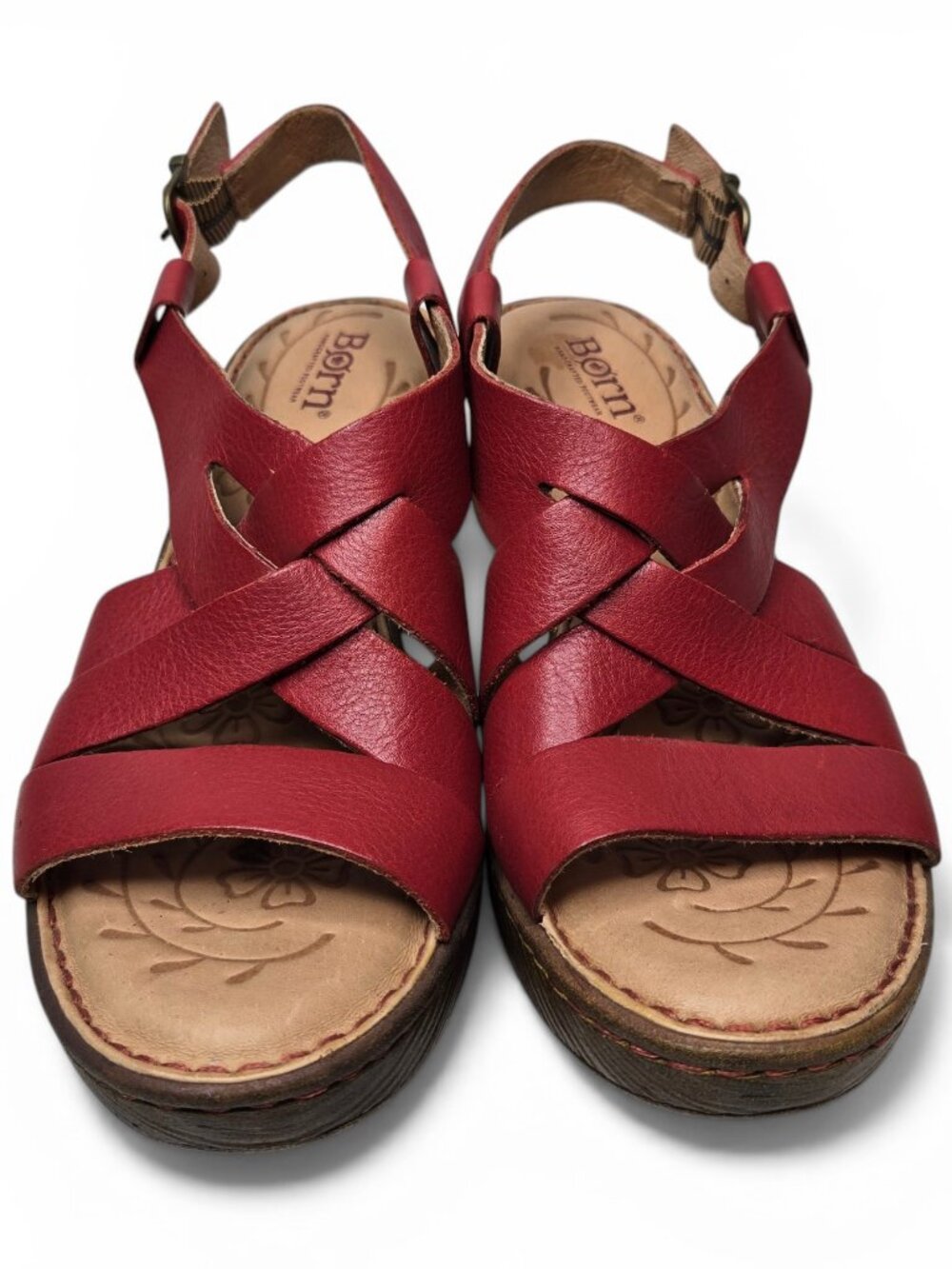 Born Carmo Red Sandals Women Leather Slingback Strappy Wood Tone Heel 7M - Picture 2 of 10